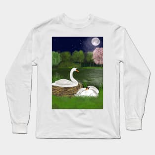 Swans nesting by moon light romantic nature Long Sleeve T-Shirt